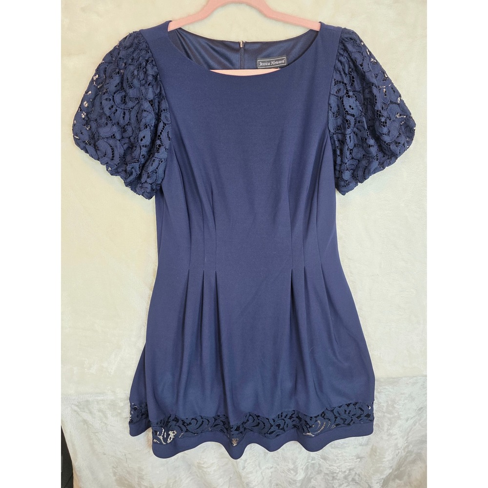 Jessica Howard Navy Blue‎ Lace Puff Sleeve Cocktail Dress Size 12 Pleated Hem